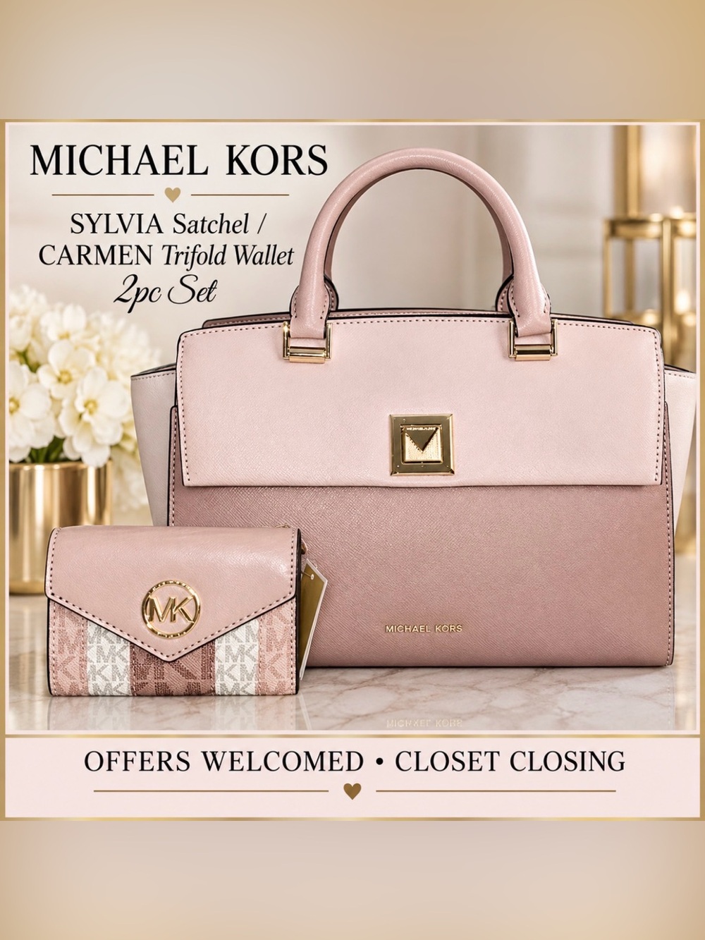 Michael Kors SYLVIA Satchel/CARMEN Trifold Wallet 2pc Set